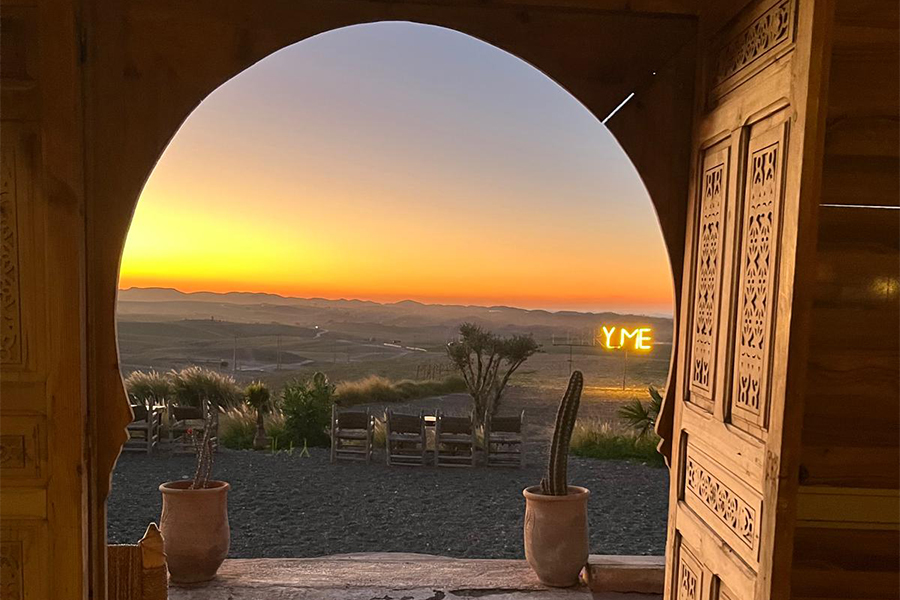 View on sunrise from hotel entrance in Agafay Desert, Morrocco