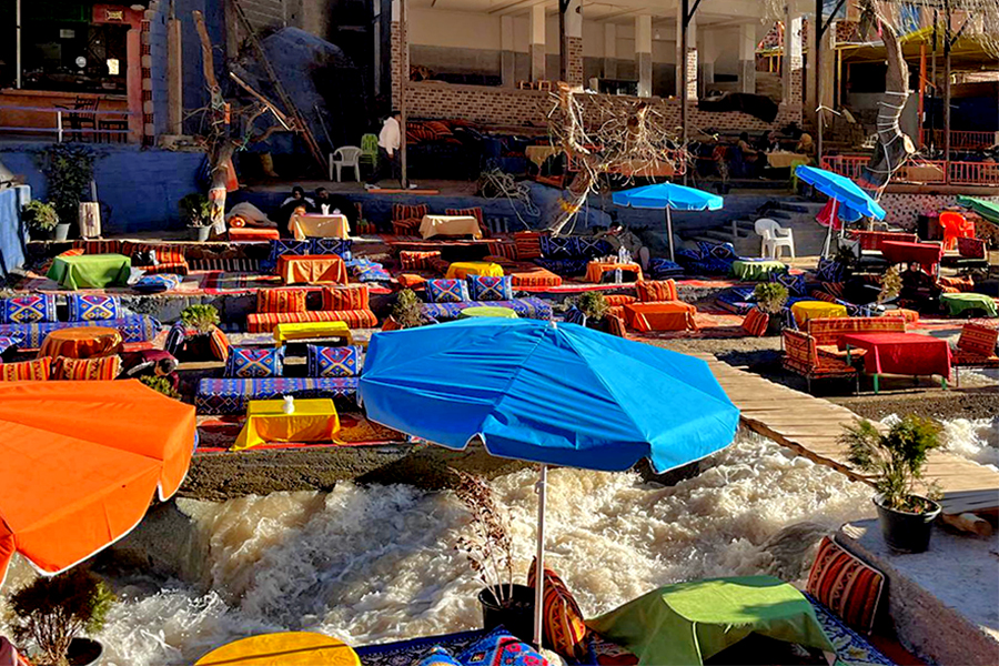 Restaurant on the riverside in the Atlas mountains in Morocco