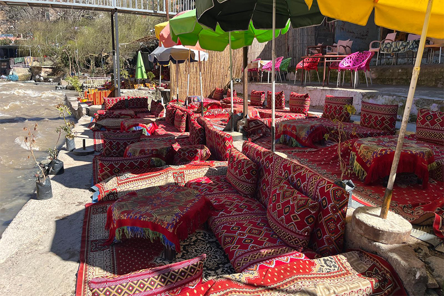Seating area on the riverside in the Atlas mountains in Morocco