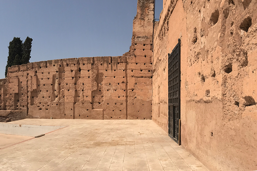 Walls with door in El-Badi Palace in Marrakesh, Morocco