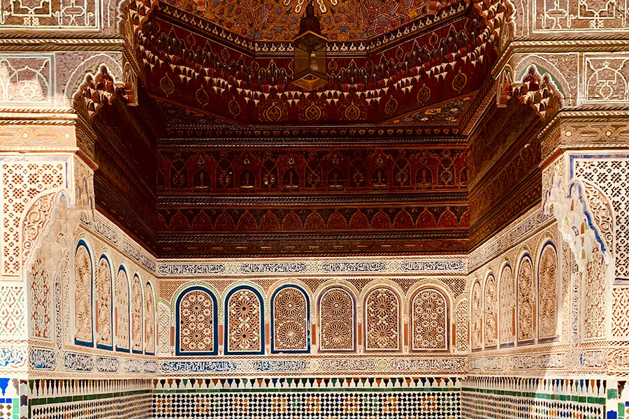 Richly decorated room in Bahia Palace in Marrakesh, Morocco