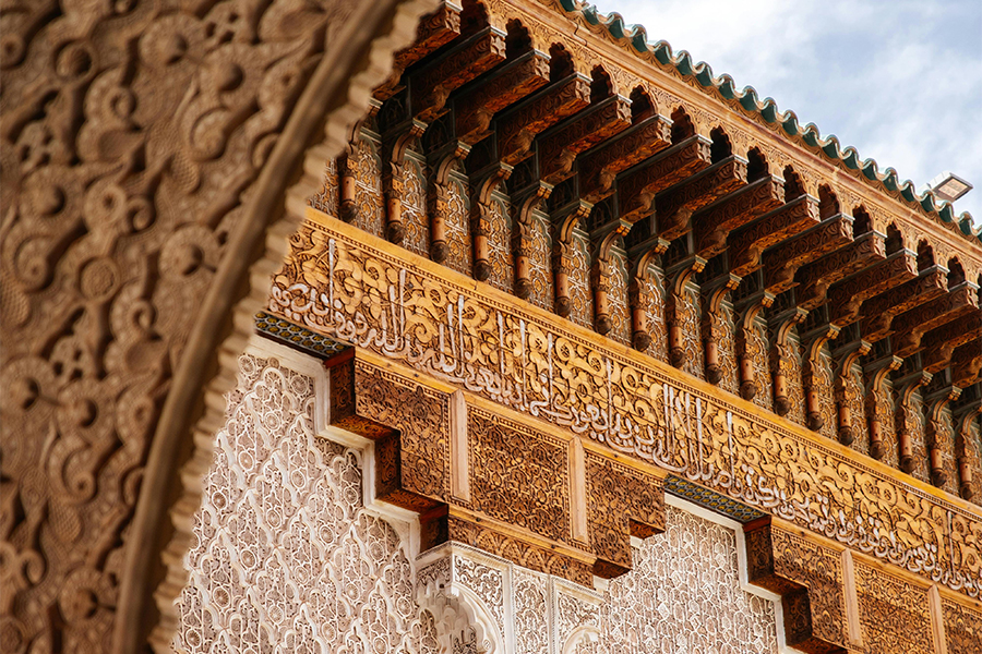 Oriental ornaments at Ben Youssef Madrasa in Marrakesh, Morocco